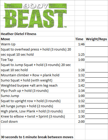 Body Beast Cardio moves and worksheet 